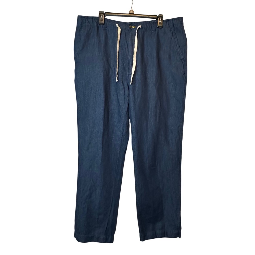 Caribbean Linen Blend Pants Mens 40x32 Blue Excellent Drawstring Straight Leg - Picture 3 of 5
